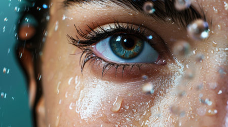 This striking close-up captures the intricate details of a human eye adorned with glistening water droplets, showcasing natural beauty and emotion.の素材