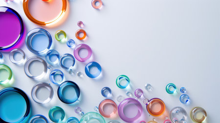 An artistic arrangement of colorful glass circles and droplets on a clean white surface, creating an abstract and vibrant design perfect for various art and decor projects.の素材
