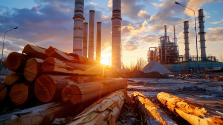 A captivating industrial landscape captured at sunset, showcasing a power plant with smokestacks and a foreground of stacked wood logs. The vibrant colors of the sky create a dramatic backdrop, emphasizing the contrast between nature and industry.の素材