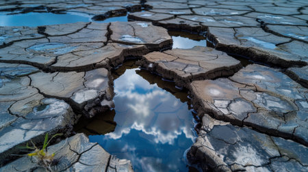 A stunning portrayal of dried cracked earth capturing the harsh realities of drought. The reflection of clouds in scattered puddles highlights the delicate balance of nature.の素材