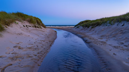 A serene beach landscape featuring a gentle stream flowing through sand dunes under a twilight sky, creating a perfect tranquil escape in nature.の素材