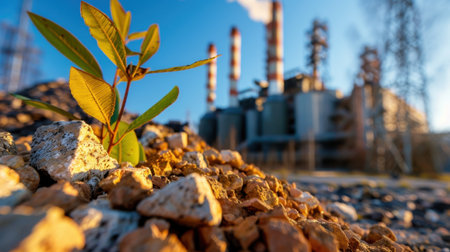 A striking image of a small green sprout pushing through rocky terrain, symbolizing resilience in the face of industrial development and pollution.の素材