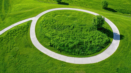 This aerial image showcases a beautifully curved walking path winding through vibrant green grass in a serene parkland setting. Perfect for outdoor leisure.の素材