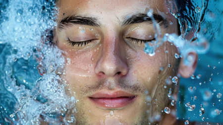 A serene image of a young man submerged underwater, surrounded by soothing bubbles, embodying peace and tranquility in a refreshing aquatic environment.の素材