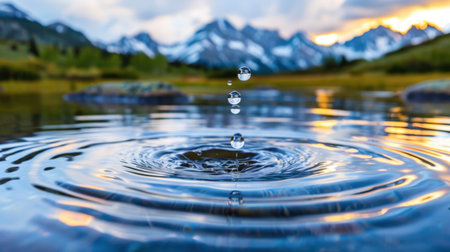 This stunning image captures the moment water droplets create mesmerizing ripples on a tranquil mountain lake during sunset. The serene landscape embodies nature's beauty and peace, making it perfect for relaxation themes.の素材