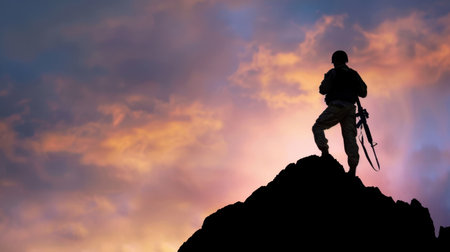 A striking silhouette of a soldier standing atop a rugged mountain peak against a vibrant sunset sky. The image captures themes of bravery, strength, and tranquility.の素材