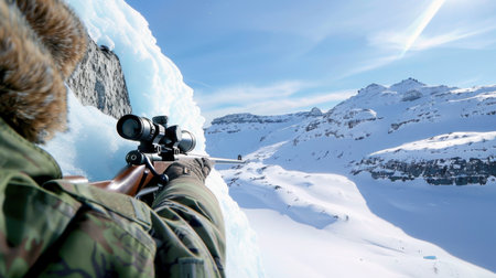A person carefully aims a sniper rifle in a breathtaking snow-covered mountain landscape, surrounded by ice and a clear blue sky, showcasing precision and focus.の素材