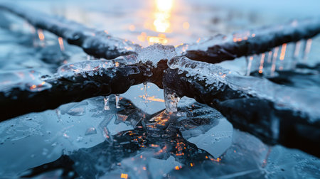 A stunning close-up of ice crystals and icicles on a frozen water surface, highlighting the delicate beauty of nature during sunset, creating a serene atmosphere.の素材