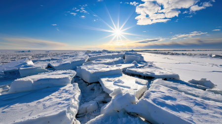 A breathtaking view of an expansive Arctic landscape features striking ice formations under a bright blue sky and a brilliant sunburst, capturing winter beauty.の素材