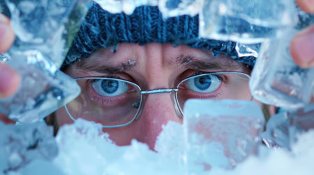 This image features a close-up portrait of a person with striking blue eyes, framed by ice and snow, emphasizing the cold atmosphere and winter beauty.の素材