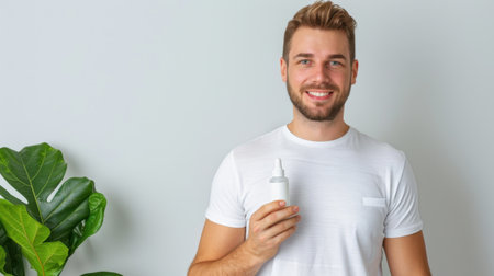 A young man smiles while holding a skincare product in a minimalist setting with a green plant. Ideal for health, beauty, and grooming themes.の素材