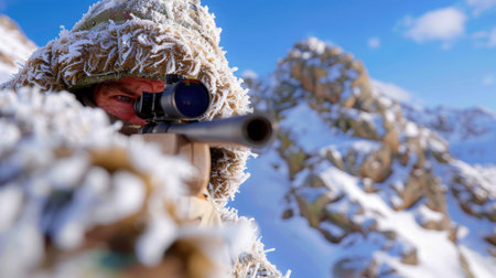 A soldier dressed in camouflage gear focuses intently while aiming a sniper rifle. Snow-covered mountains and a bright sky create a striking winter landscape.の素材