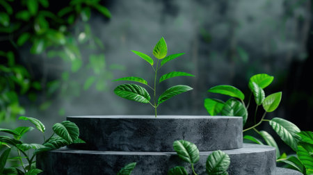A vibrant green plant emerges from a textured stone platform, surrounded by lush leaves and a misty backdrop, symbolizing growth and tranquility in nature.の素材