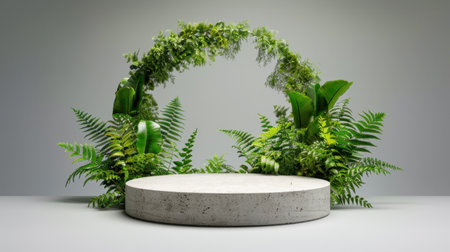 Minimalist studio setup featuring an elegant greenery arch surrounding a round concrete platform, ideal for product displays, photography, or creative showcases.の素材
