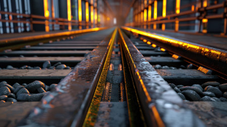 This image showcases a close-up view of train tracks illuminated by warm lights, capturing the intricate details of urban infrastructure and the beauty of travel.の素材