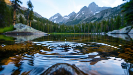 This breathtaking image captures a serene mountain lake, with gentle ripples and droplets creating a tranquil atmosphere amidst stunning natural beauty.の素材
