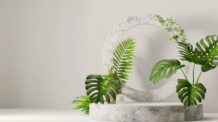 A striking modern display featuring lush tropical plants arranged around a textured circular frame, creating an elegant and serene atmosphere for any interior space.の素材