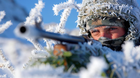 A dedicated marksman in camouflage gear aims through icy branches in a stunning winter landscape. The focus and determination reflect the challenging environment.の素材