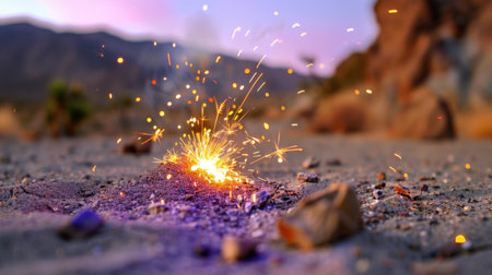 A captivating scene showcasing bright sparks emerging from a small fire on dirt, surrounded by rocks under a stunning sunset sky, embodying energy and beauty.の素材