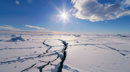This stunning image captures an expansive Arctic landscape featuring cracked ice and brilliant sunlight against a backdrop of a clear blue sky.の素材