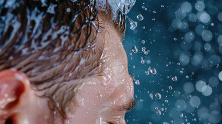 This close-up captures a male face with water droplets cascading from hair, emphasizing freshness and vitality against a soft bokeh background.の素材
