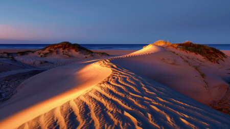Explore the tranquil beauty of serene sand dunes illuminated by twilight hues, with gentle ocean waves lapping at the shore. This captivating landscape evokes a sense of peace and relaxation, perfect for nature lovers and travelers.の素材