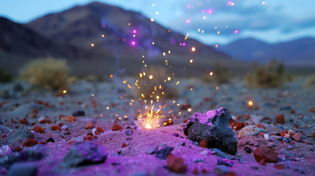 Experience a captivating moment in nature, where vibrant sparks burst from the dusty ground in a serene desert landscape during dusk.の素材