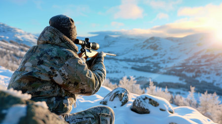 A focused hunter in camouflage gear is seen aiming a rifle against a stunning winter backdrop. The snowy mountains and frosty trees create a serene atmosphere at sunrise.の素材