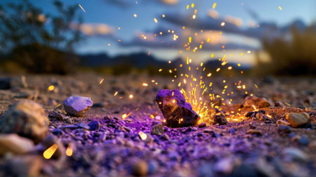 A stunning close-up of rocks igniting with orange sparks, set against a serene desert landscape during sunset. The vivid colors and textures create an enchanting atmosphere.の素材