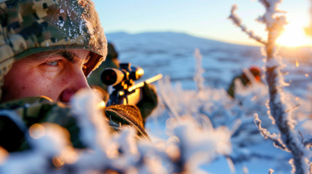 A soldier in camouflage prepares to take aim with a sniper rifle amidst a snowy landscape at sunrise, surrounded by frost-covered vegetation, showcasing focus and determination.の素材