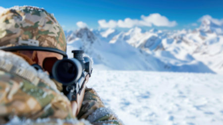 A skilled soldier aims through a rifle scope amidst a stunning snowy mountain landscape. The scene captures the essence of military precision and focus in a cold, breathtaking environment.の素材
