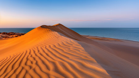A striking image showcasing golden sand dunes meeting the calm ocean at sunset. Gentle waves lap the shore under a gradient sky, evoking tranquility.の素材