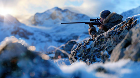 A focused marksman takes aim in a stunning winter landscape, surrounded by snow-covered mountains. The serene atmosphere and frosty rocks set a tranquil hunting scene.の素材