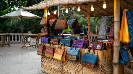 A vibrant market stall showcases an array of handcrafted bags, perfectly illuminated by warm lights and surrounded by lush greenery, inviting shoppers.の素材