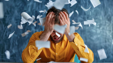 A young man in a yellow shirt expresses deep frustration as he struggles with overwhelming paperwork in a chaotic office setting, reflecting stress and anxiety.の素材