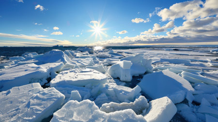 A breathtaking view of an arctic landscape featuring jagged ice formations under a radiant sun. Bright blue sky and soft clouds complement the tranquil scene.の素材