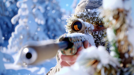 A soldier dressed in winter camouflage is aiming a weapon in a stunning snowy landscape, surrounded by frosted trees and a serene atmosphere.の素材