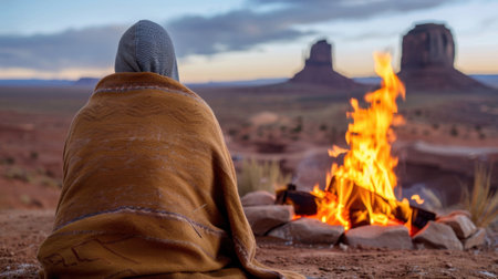 A person wrapped in a blanket sits by a warm campfire, gazing at the stunning rock formations of Monument Valley during a vibrant sunset.の素材