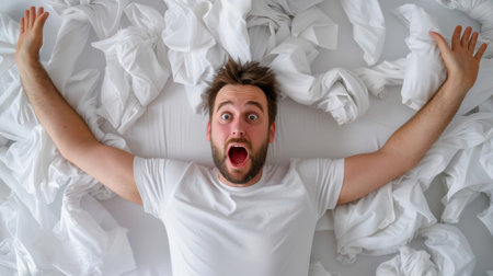 A young man with a shocked expression lies in a messy bed filled with white sheets, conveying spontaneity and a humorous take on daily life and chaos.の素材