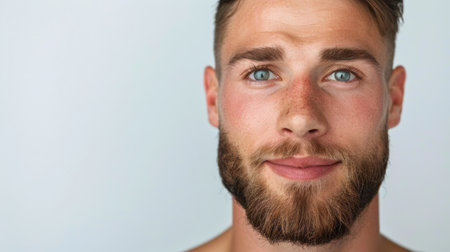 This captivating close-up portrait features a young man with a well-groomed beard and striking blue eyes, radiating confidence and charm against a light background.の素材