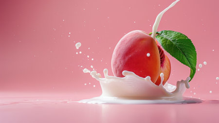 A close-up image of a ripe peach elegantly splashing into creamy milk, surrounded by droplets against a soft pink backdrop, highlighting freshness and vibrancy.の素材