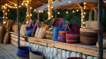 A vibrant collection of handcrafted baskets showcased at an artisan market under warm string lights, highlighting the beauty of local craftsmanship and design.の素材