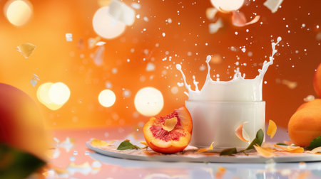 A tantalizing image showcasing a splash of milk around a fresh peach, surrounded by delicate petals, set against a radiant orange background to evoke freshness and beauty.の素材