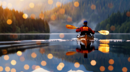 A serene scene featuring a kayaker gliding through tranquil waters, surrounded by dense greenery, with a stunning bokeh effect capturing the moment at sunset.の素材