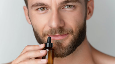 A handsome young man smiles while holding a dropper bottle near his face, representing skincare and wellness practices in a serene setting.の素材