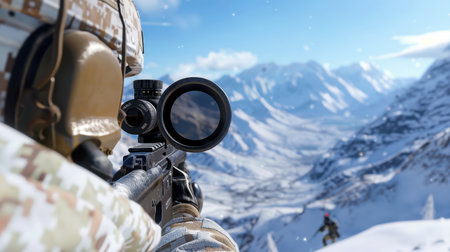 A soldier equipped with a sniper rifle observes a target in a stunning snowy mountain range, showcasing tactical gear and winter conditions.の素材
