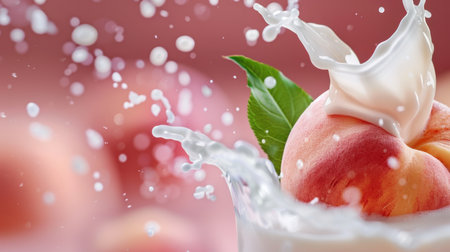 A stunning close-up of a ripe peach creating a splash in creamy milk, surrounded by delicate droplets and lush green leaves, set against a soft pink background.の素材