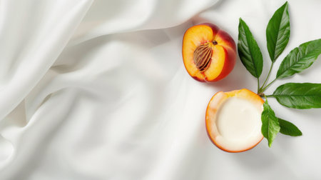 A vibrant peach half rests beside its whole counterpart with green leaves on a smooth white fabric, showcasing freshness and natural beauty in food.の素材