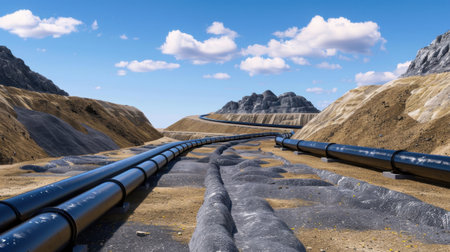 A stunning view of a long pipeline traversing through a dry, rocky terrain. This image showcases the intersection of nature and engineering under a bright sky.の素材