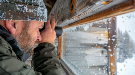 A man peers through a window, looking closely at the snowy landscape outside. The scene captures the essence of winter tranquility and nature's beauty.の素材